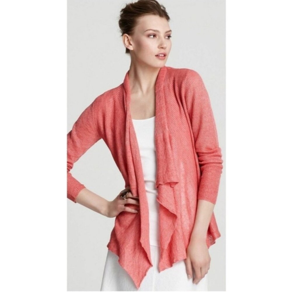 Eileen Fisher Cascading Open Front Long Sleeve Cardigan in Coral Pink Size XS